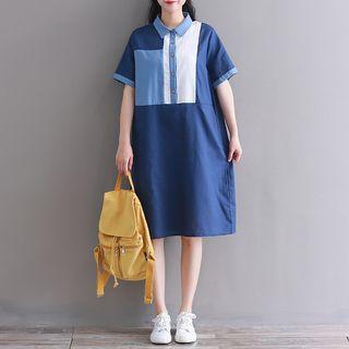 Short-sleeve Colour Block Collared Dress