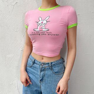 Rabbit Print Short-sleeve Cropped T-shirt