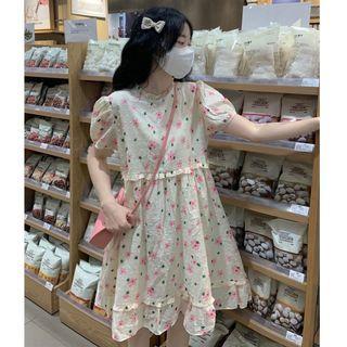 Short-sleeve Floral A-line Dress Pink Floral - Beige - One Size