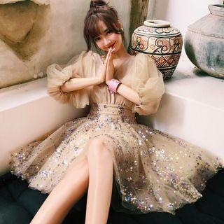 Lantern-sleeve Sequined Mini A-line Cocktail Dress