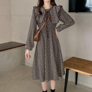 Collared Tie Neck Long-sleeve Floral Dress