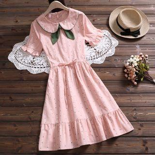 Short-sleeve Collared Print A-line Dress