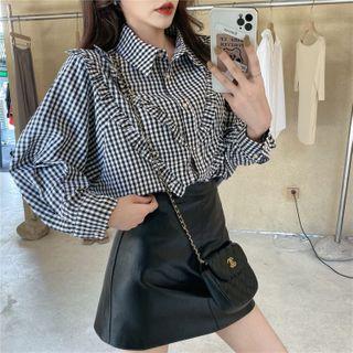 Ruffled Gingham Blouse / Mini A-line Faux Leather Skirt