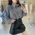Ruffled Gingham Blouse / Mini A-line Faux Leather Skirt