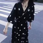 Dotted Elbow-sleeve V-neck Midi A-line Dress