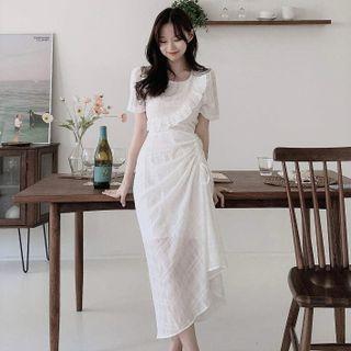 Short-sleeve Ruffled Drawstring Midi A-line Dress