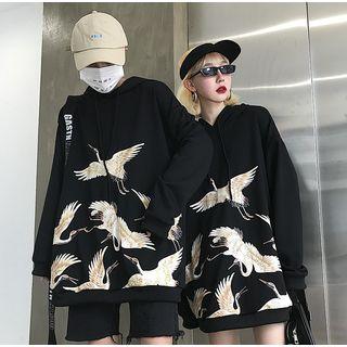 Couple Matching Crane Print Hoodie Black - One Size