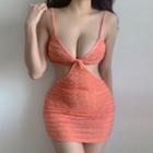 Spaghetti Strap Shirred Cutout Bodycon Dress
