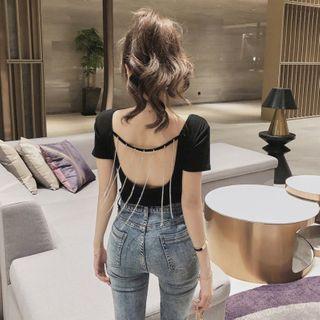 Short-sleeve Fringed Open-back T-shirt