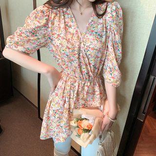 Elbow-sleeve Flower Print Asymmetrical Blouse