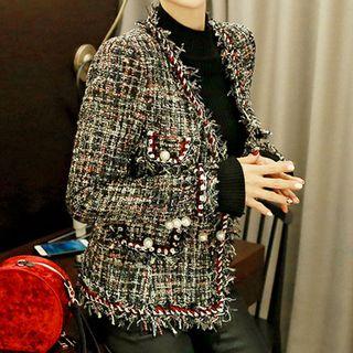 Fray Hem Beaded Tweed Jacket
