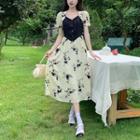 Short-sleeve Square-neck Waist Print Dress