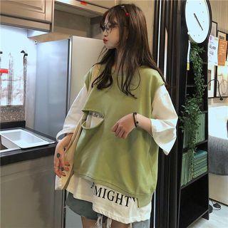 Mock Two-piece Elbow-sleeve Lettering Top