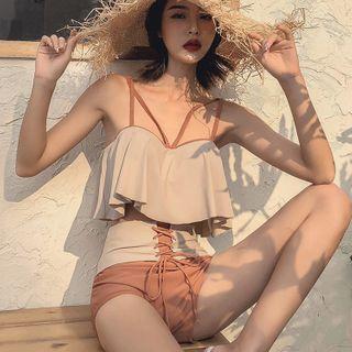 Set: Contrast Trim Ruffle Swim Top + High-waist Lace-up Bottom