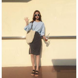 Set: Plain 3/4 Sleeve T-shirt + Dotted Midi Skirt