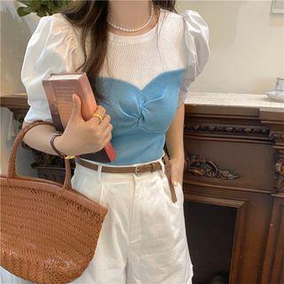 Puff-sleeve Two-tone Knit Top