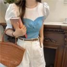 Puff-sleeve Two-tone Knit Top