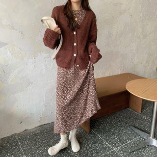 Buttoned Cardigan / Long-sleeve Floral Print Midi A-line Dress