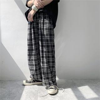 Drawstring Plaid Loose Fit Straight Cut Pants