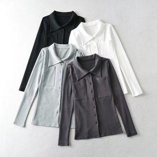 Long-sleeve Plain Button-up Pocket Collar Top