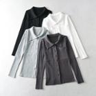 Long-sleeve Plain Button-up Pocket Collar Top