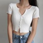 Plain V-neck Single-breasted Rib-knit Top