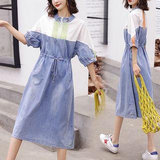 Denim Panel Elbow-sleeve Midi Dress
