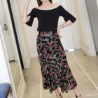 Set: Off-shoulder Short-sleeve Top + Floral Print Skirt