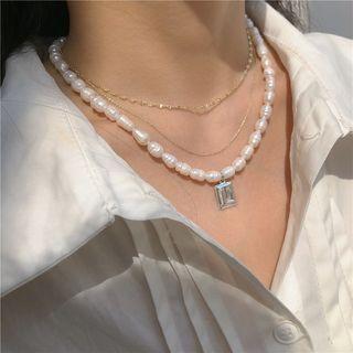 Set Of 2: Freshwater Pearl Necklace + Layered Necklace Set Of 2 - White & Gold - One Size