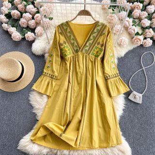 V-neck Embroidered Bell-sleeve Dress Yellow - One Size