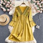 V-neck Embroidered Bell-sleeve Dress Yellow - One Size