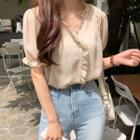 Puff-sleeve Frill Trim Floral Blouse