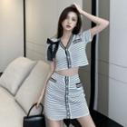 Set: Short-sleeve Striped Crop Top + Mini Pencil Skirt