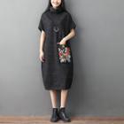 Applique Short-sleeve Mock Neck Knit Dress