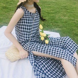 Set: Sleeveless Plaid Top + Slit Wide-leg Pants