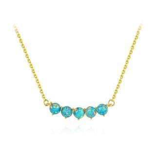 925 Sterling Silver Plated Gold Simple Elegant Green Imitation Opal Geometric Round Necklace Golden - One Size
