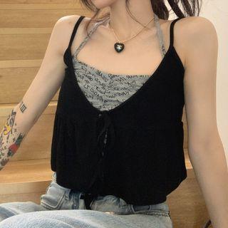 Set: Halter Lettering Camisole Top + Flowy Camisole Top Set Of 2 - Gray & Black - One Size