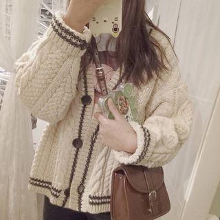 Contrast Trim Knit Cardigan Beige - One Size