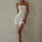 Strapless Fringe Hem Midi Sheath Dress