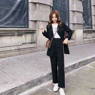 Set: Single-breasted Blazer + Contrast Trim Straight-cut Dress Pants