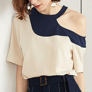 Color Block Cold Shoulder Short-sleeve Blouse