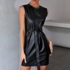 Sleeveless Faux Leather Tie-waist Mini Dress