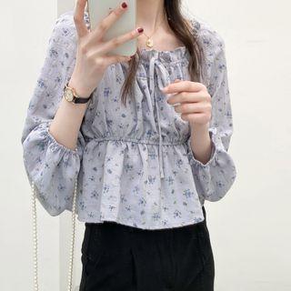 Square-neck Floral Bow Blouse