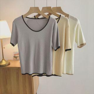 Contrast-trim Short Sleeve Knit Top