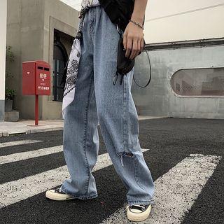 Cut-out Wide Leg Jeans / Patterned Neckerchief