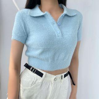 Short-sleeve Fluffy Polo Crop Top