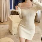 Long-sleeve Square-neck Lace Slim-fit Knit Dress
