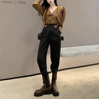 Collared Button-up Blouse / High-waist Wide-leg Dress Pants