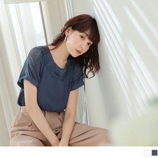Lace Panel Short-sleeve Round Neck Chiffon Top
