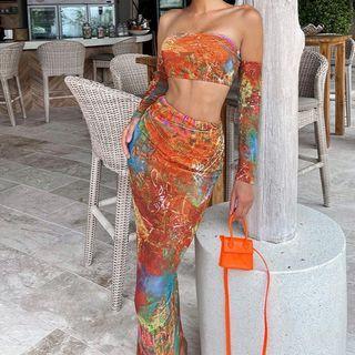 Set: Print Bandeau Top + Maxi Pencil Skirt + Arm Sleeves